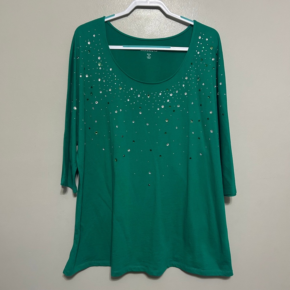Roaman's Women Tunic Top 1X 22/24 Green Rhinestone Embellished Dolman 3/4 Sleeve